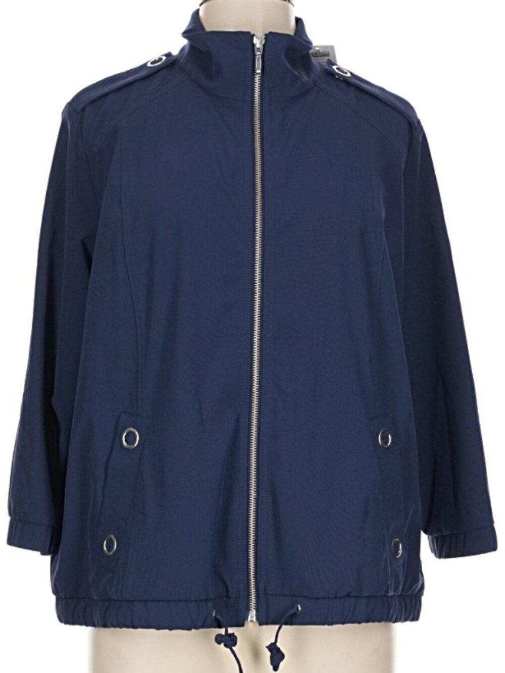 NWT Zenergy Neema Sz 2 L Navy Jacket Grommet Detail Wind Rain 3/4 Sleeves Chicos